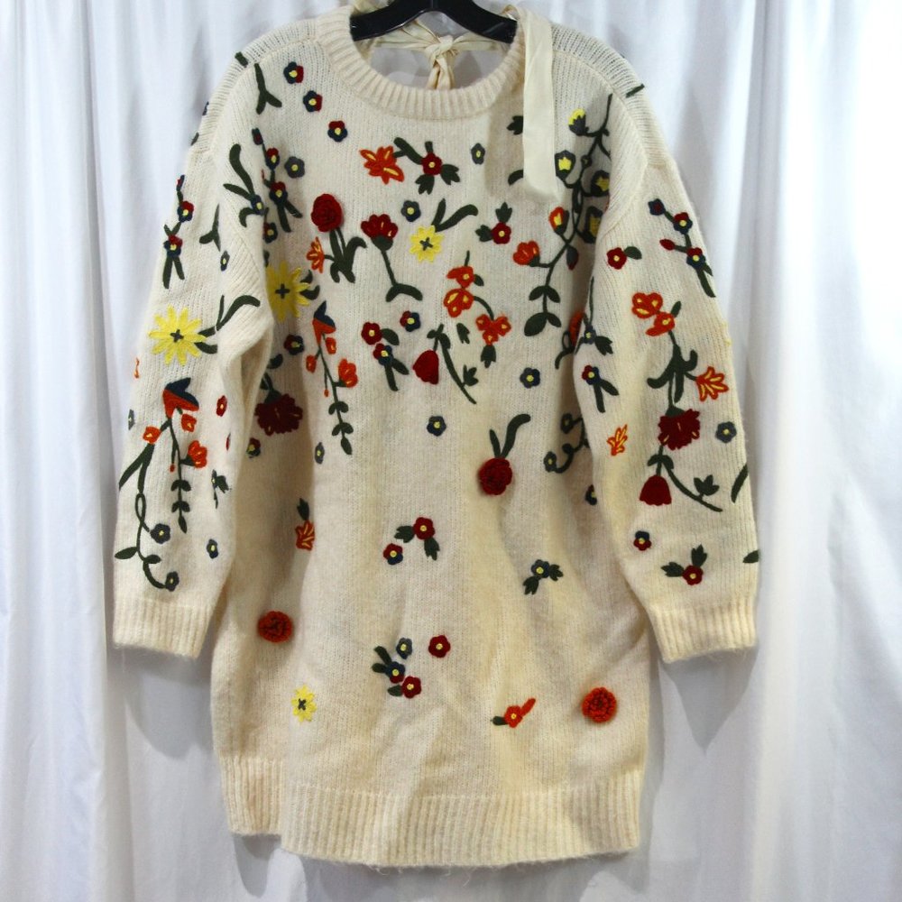Anthropologie Cream Floral Applique Long Sleeve Sweater Dress NWT - Picture 1 of 11